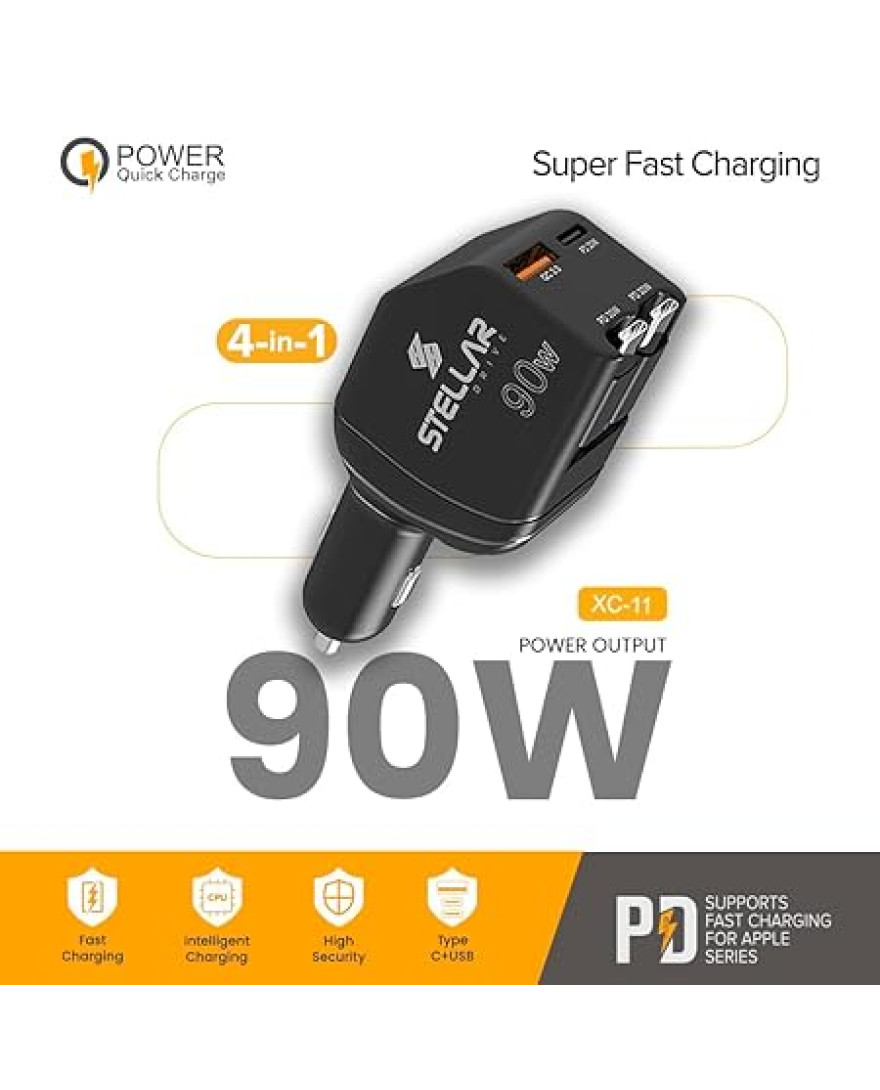 Stellar 90W Car Charger, 4-in-1 Retractable Cable Fast Charger with Dual PD 30W + QC 3.0 USB Ports | 12V–24V Universal Car Adapter | Intelligent Protection | Super Fast Charging for iPhone And Android