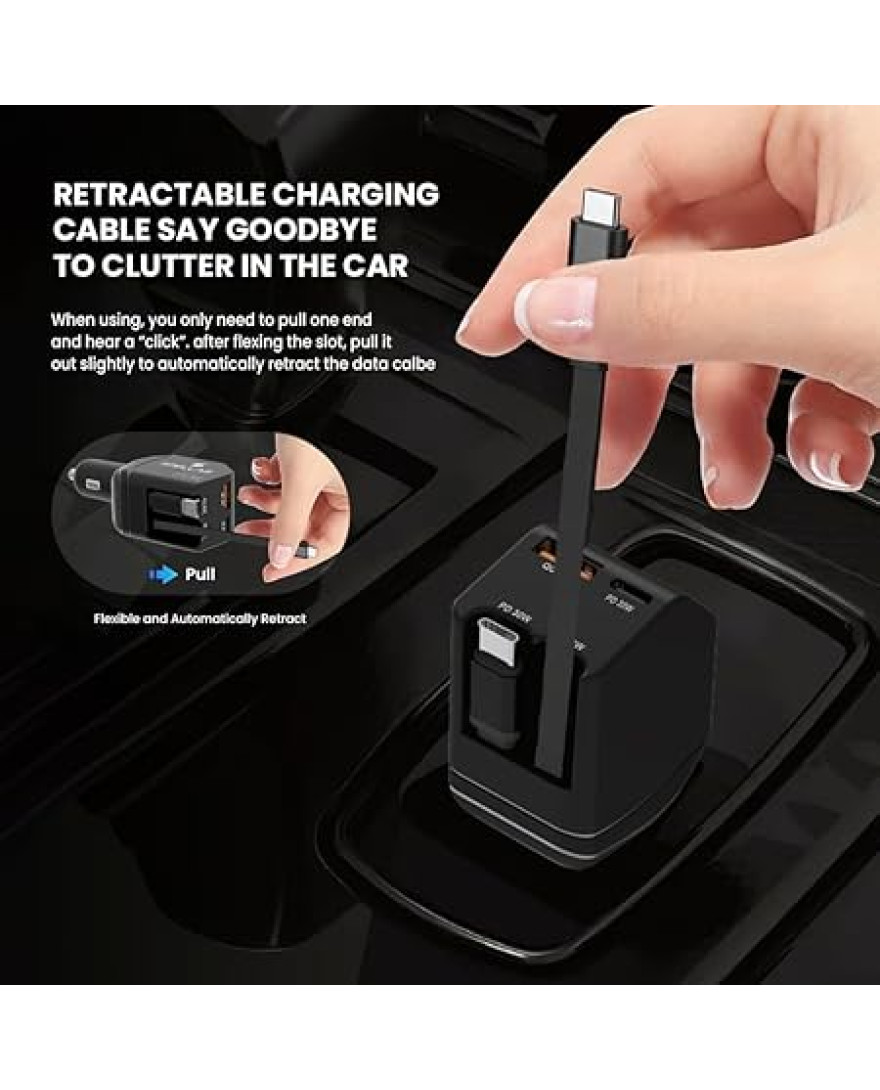Stellar 90W Car Charger, 4-in-1 Retractable Cable Fast Charger with Dual PD 30W + QC 3.0 USB Ports | 12V–24V Universal Car Adapter | Intelligent Protection | Super Fast Charging for iPhone And Android