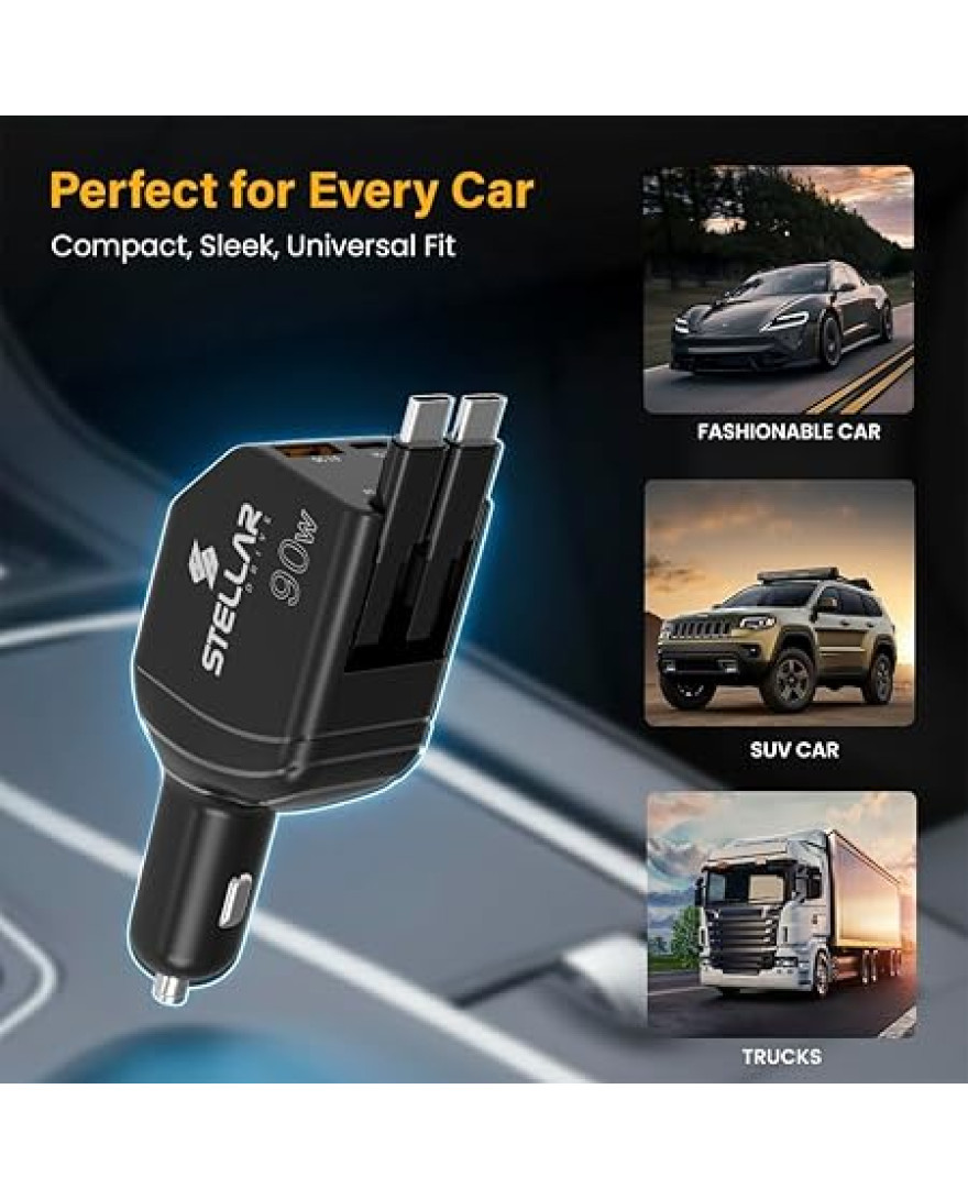 Stellar 90W Car Charger, 4-in-1 Retractable Cable Fast Charger with Dual PD 30W + QC 3.0 USB Ports | 12V–24V Universal Car Adapter | Intelligent Protection | Super Fast Charging for iPhone And Android
