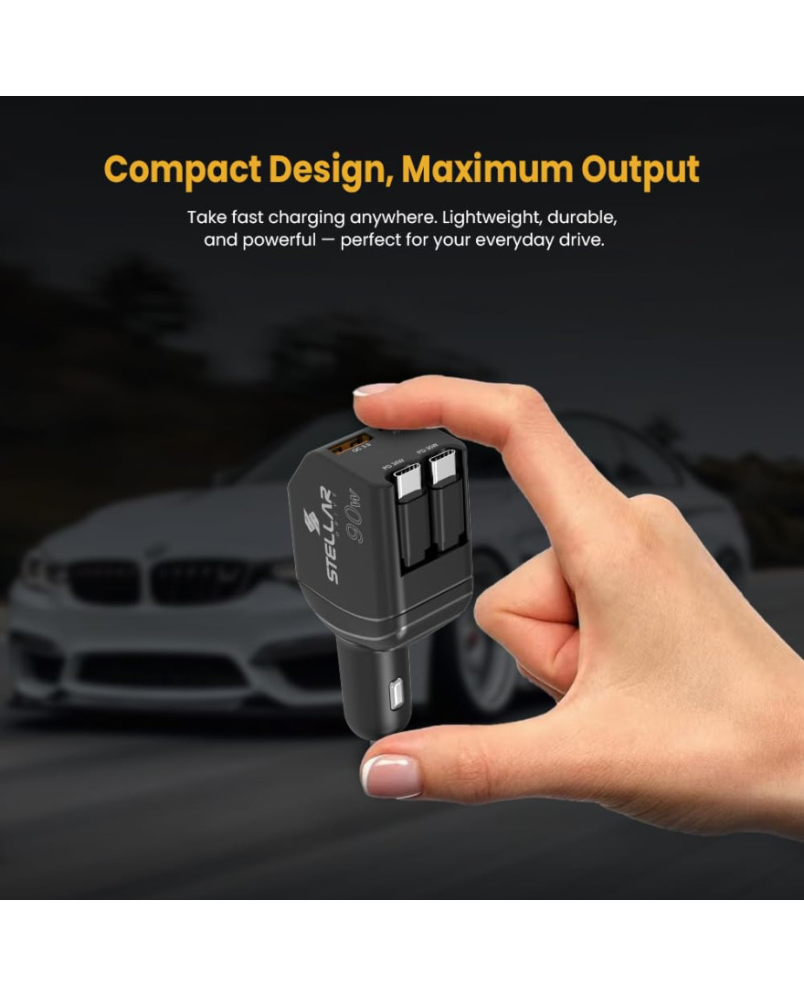 Stellar 90W Car Charger, 4-in-1 Retractable Cable Fast Charger with Dual PD 30W + QC 3.0 USB Ports | 12V–24V Universal Car Adapter | Intelligent Protection | Super Fast Charging for iPhone And Android