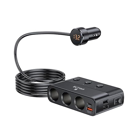 Stellar XC-28 Car Charger, 7-in-1 127W Fast Charging Adapter with 3 Cigarette Lighter Sockets, PD 30W + QC3.0 USB Ports, LED Voltage Display, Overcurrent/Overheat Protection, Universal 12V–24V Vehicles