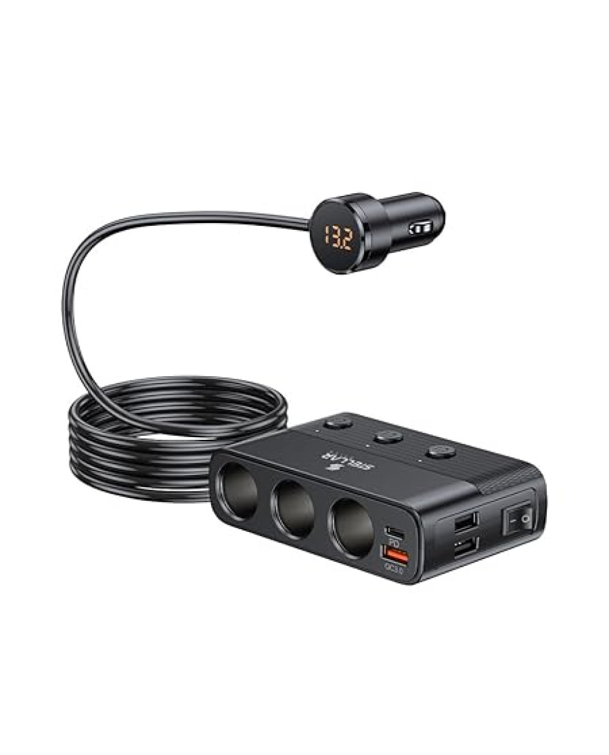 Stellar XC-28 Car Charger, 7-in-1 127W Fast Charging Adapter with 3 Cigarette Lighter Sockets, PD 30W + QC3.0 USB Ports, LED Voltage Display, Overcurrent/Overheat Protection, Universal 12V–24V Vehicles