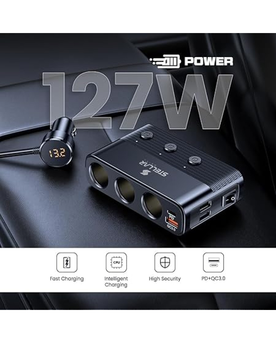 Stellar XC-28 Car Charger, 7-in-1 127W Fast Charging Adapter with 3 Cigarette Lighter Sockets, PD 30W + QC3.0 USB Ports, LED Voltage Display, Overcurrent/Overheat Protection, Universal 12V–24V Vehicles