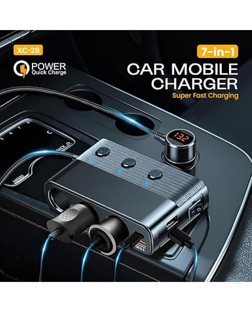Stellar XC-28 Car Charger, 7-in-1 127W Fast Charging Adapter with 3 Cigarette Lighter Sockets, PD 30W + QC3.0 USB Ports, LED Voltage Display, Overcurrent/Overheat Protection, Universal 12V–24V Vehicles