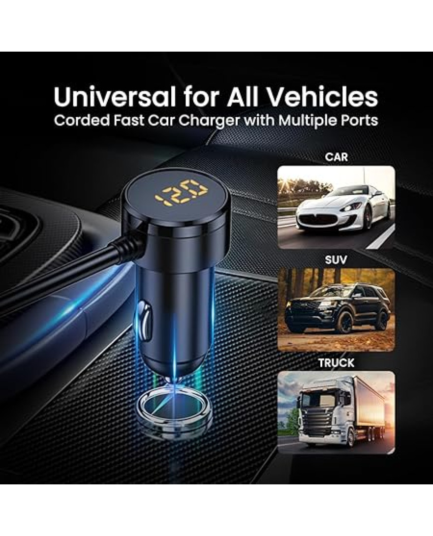 Stellar XC-28 Car Charger, 7-in-1 127W Fast Charging Adapter with 3 Cigarette Lighter Sockets, PD 30W + QC3.0 USB Ports, LED Voltage Display, Overcurrent/Overheat Protection, Universal 12V–24V Vehicles